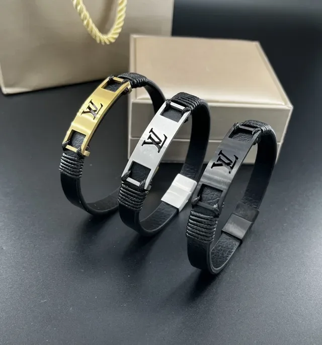 Louis Vuitton Monogram Engraved Metal Plate Black Leather Bracelet 3