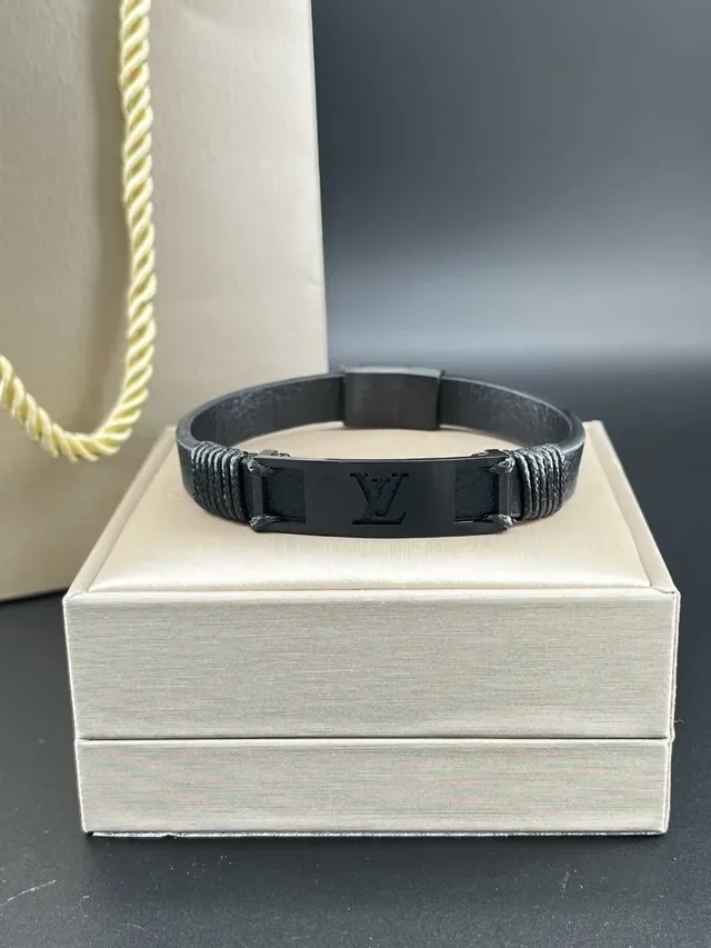 Louis Vuitton Monogram Engraved Metal Plate Black Leather Bracelet 4