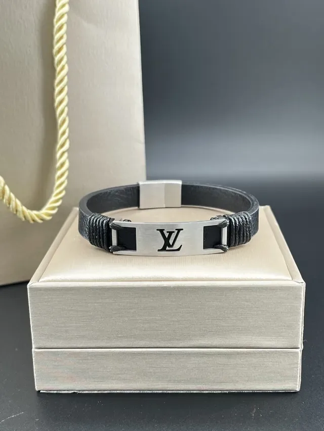 Louis Vuitton Monogram Engraved Metal Plate Black Leather Bracelet 8