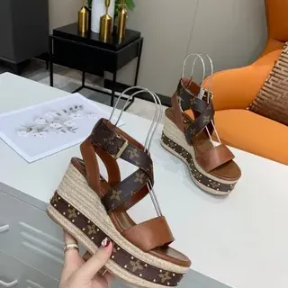 Louis Vuitton Monogram Espadrille Wedge Brown Beige Canvas Crisscross Straps Gladiator Sandals