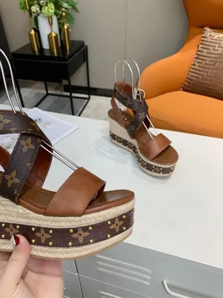 Louis Vuitton Monogram Espadrille Wedge Brown Beige Canvas Crisscross Straps Gladiator Sandals 2