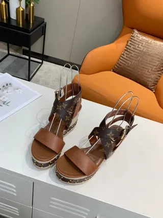 Louis Vuitton Monogram Espadrille Wedge Brown Beige Canvas Crisscross Straps Gladiator Sandals 3