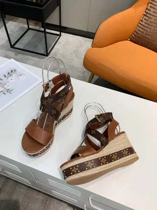 Louis Vuitton Monogram Espadrille Wedge Brown Beige Canvas Crisscross Straps Gladiator Sandals 4
