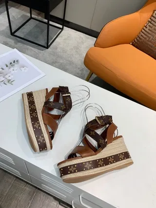 Louis Vuitton Monogram Espadrille Wedge Brown Beige Canvas Crisscross Straps Gladiator Sandals 5
