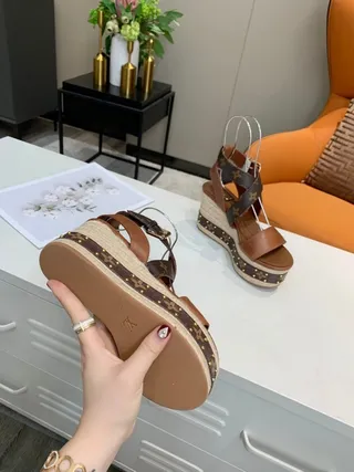 Louis Vuitton Monogram Espadrille Wedge Brown Beige Canvas Crisscross Straps Gladiator Sandals 6