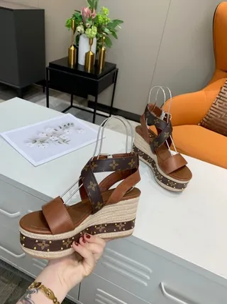 Louis Vuitton Monogram Espadrille Wedge Brown Beige Canvas Crisscross Straps Gladiator Sandals 7