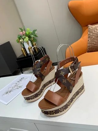 Louis Vuitton Monogram Espadrille Wedge Brown Beige Canvas Crisscross Straps Gladiator Sandals 8