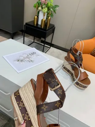 Louis Vuitton Monogram Espadrille Wedge Brown Beige Canvas Crisscross Straps Gladiator Sandals 9