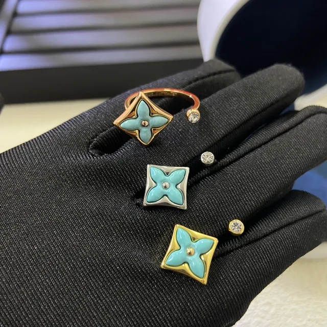 Louis Vuitton Monogram Flower Turquoise Enamel Gold and Silver Tone Rings 3