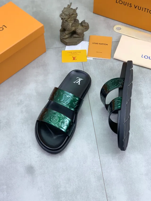 Louis Vuitton Monogram Patent Green and Black Slide Slippers 4