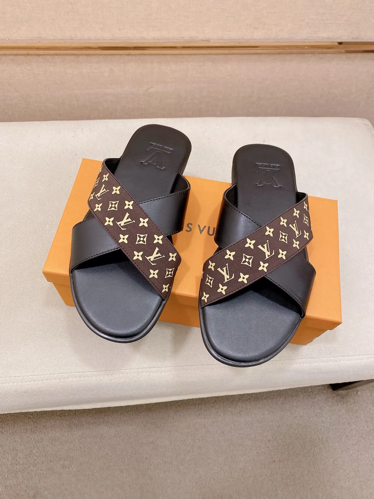 Louis Vuitton Monogram Slide Black Brown Crossed-Strap Slippers 3