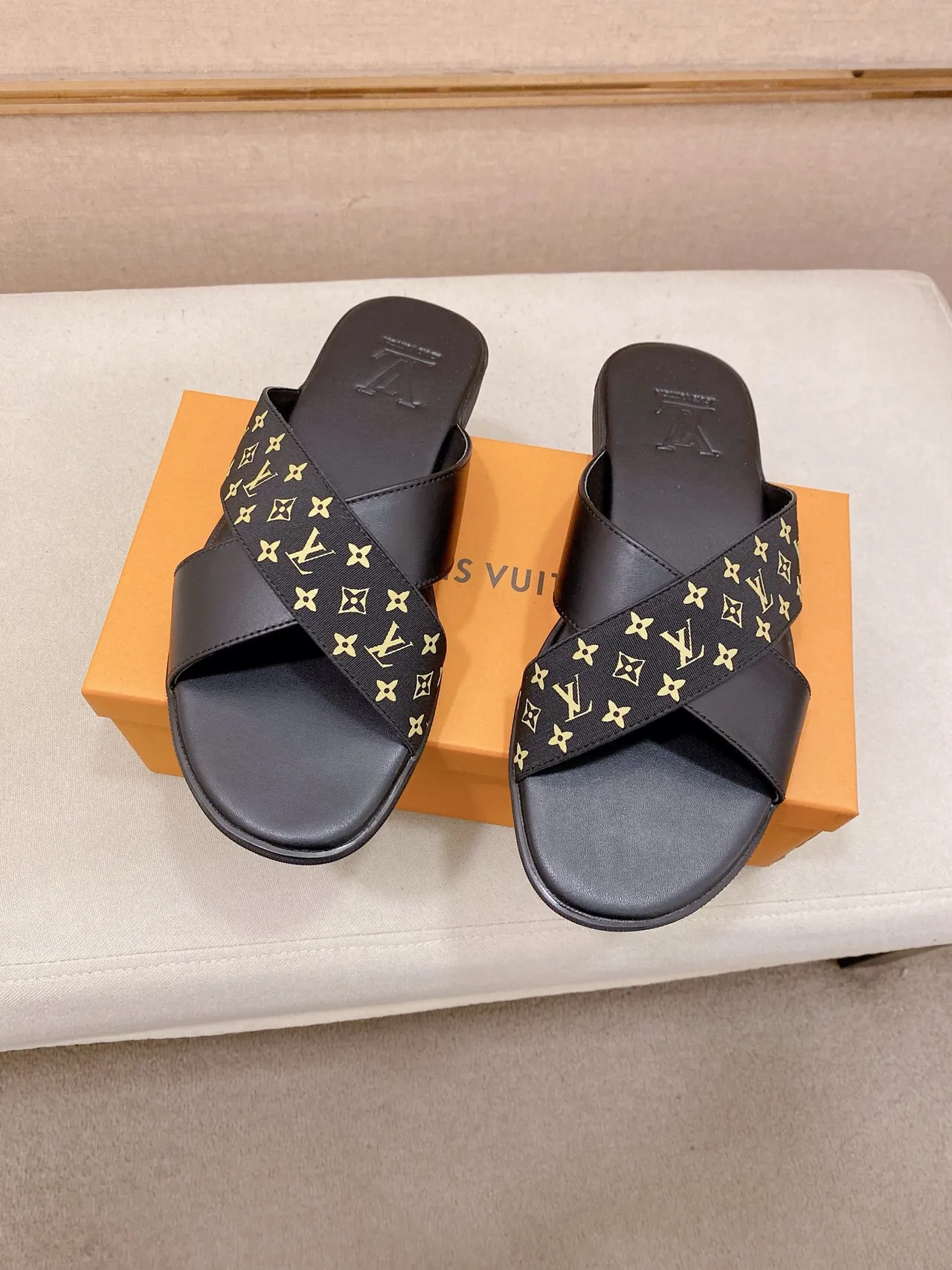 Louis Vuitton Monogram Slide Black Brown Crossed-Strap Slippers 4