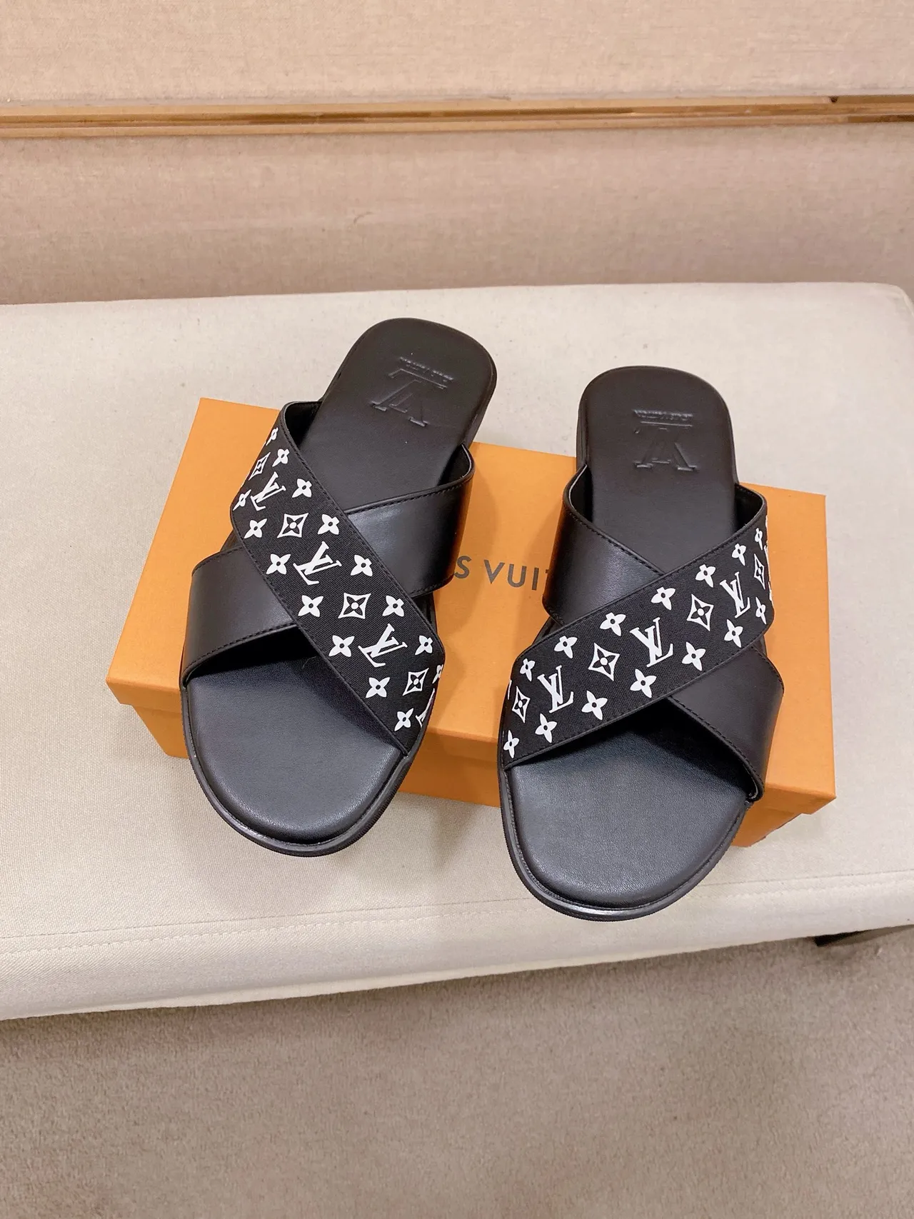 Louis Vuitton Monogram Slide Black Brown Crossed-Strap Slippers 5