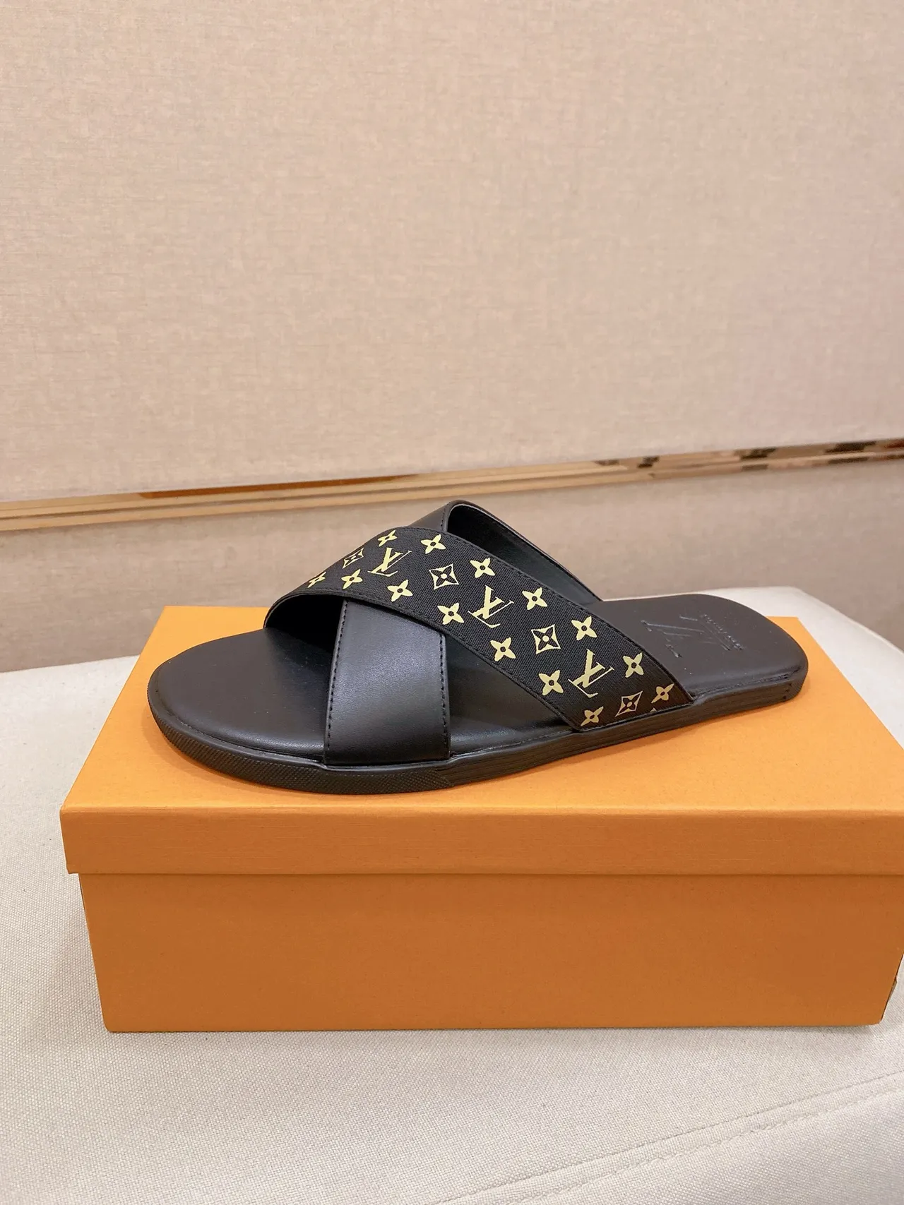 Louis Vuitton Monogram Slide Black Brown Crossed-Strap Slippers 7