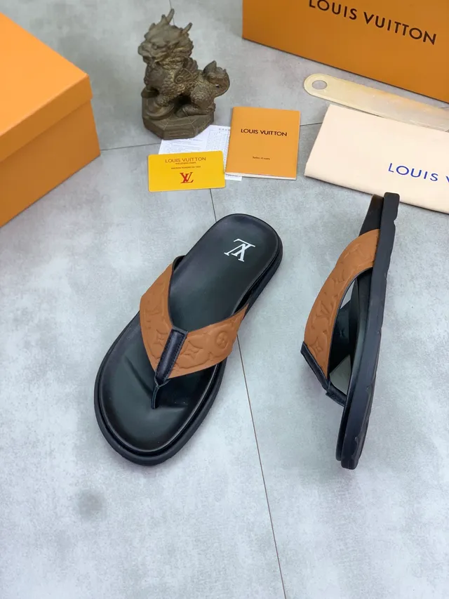 Louis Vuitton Monogram Strap Black and Tan Slippers 5
