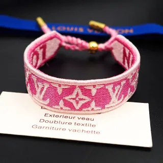Louis Vuitton Monogram Pulsera Tejida Rosa Beige Bordada Cinta Textil
