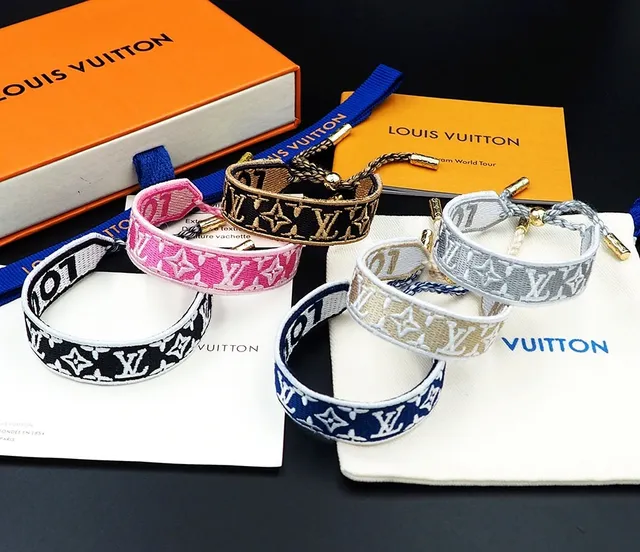 Louis Vuitton Monogram Woven Bracelet Pink Beige Embroidered Textile Band Bracelet 3