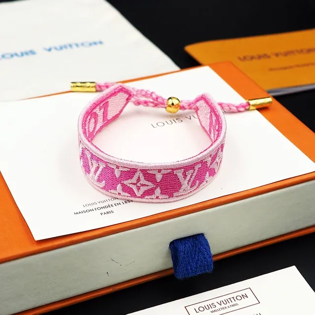 Louis Vuitton Monogram Woven Bracelet Pink Beige Embroidered Textile Band Bracelet 4
