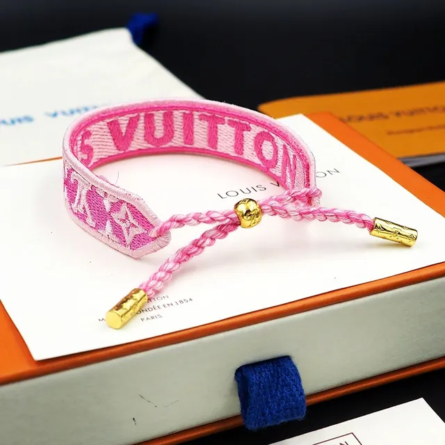 Louis Vuitton Monogram Woven Bracelet Pink Beige Embroidered Textile Band Bracelet 5