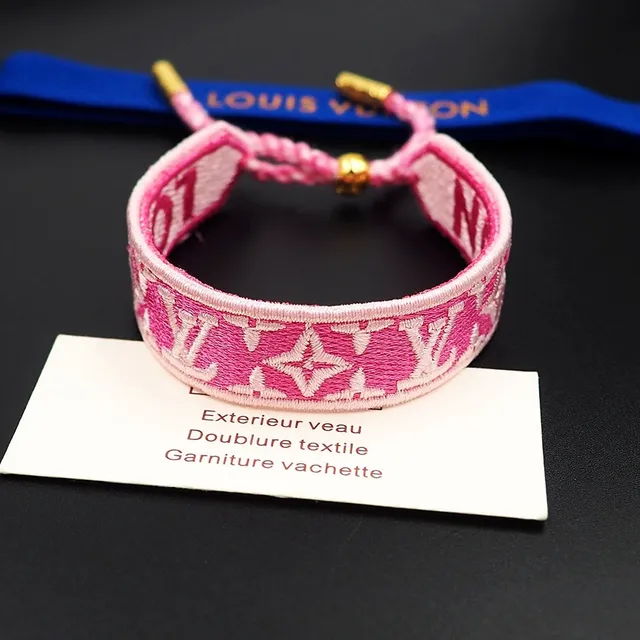 Louis Vuitton Monogram Woven Bracelet Pink Beige Embroidered Textile Band Bracelet 6