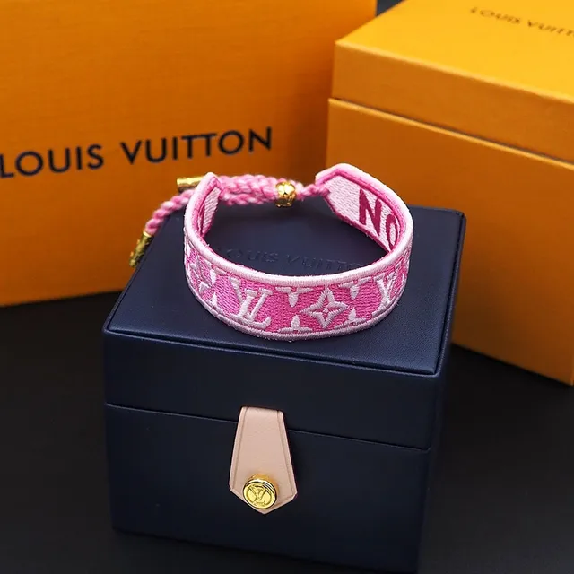 Louis Vuitton Monogram Woven Bracelet Pink Beige Embroidered Textile Band Bracelet 7