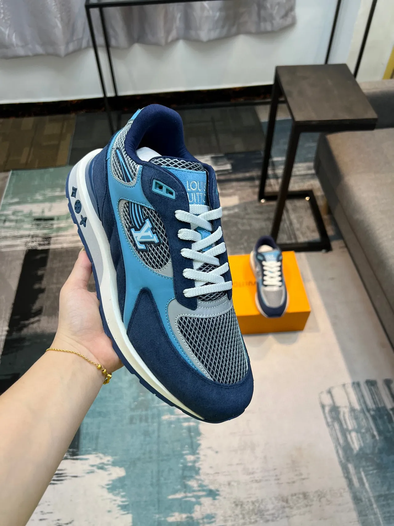 Louis Vuitton Navy Blue Layered Mesh And Suede Upper Monogrammed Midsole Lifestyle Sneakers 6