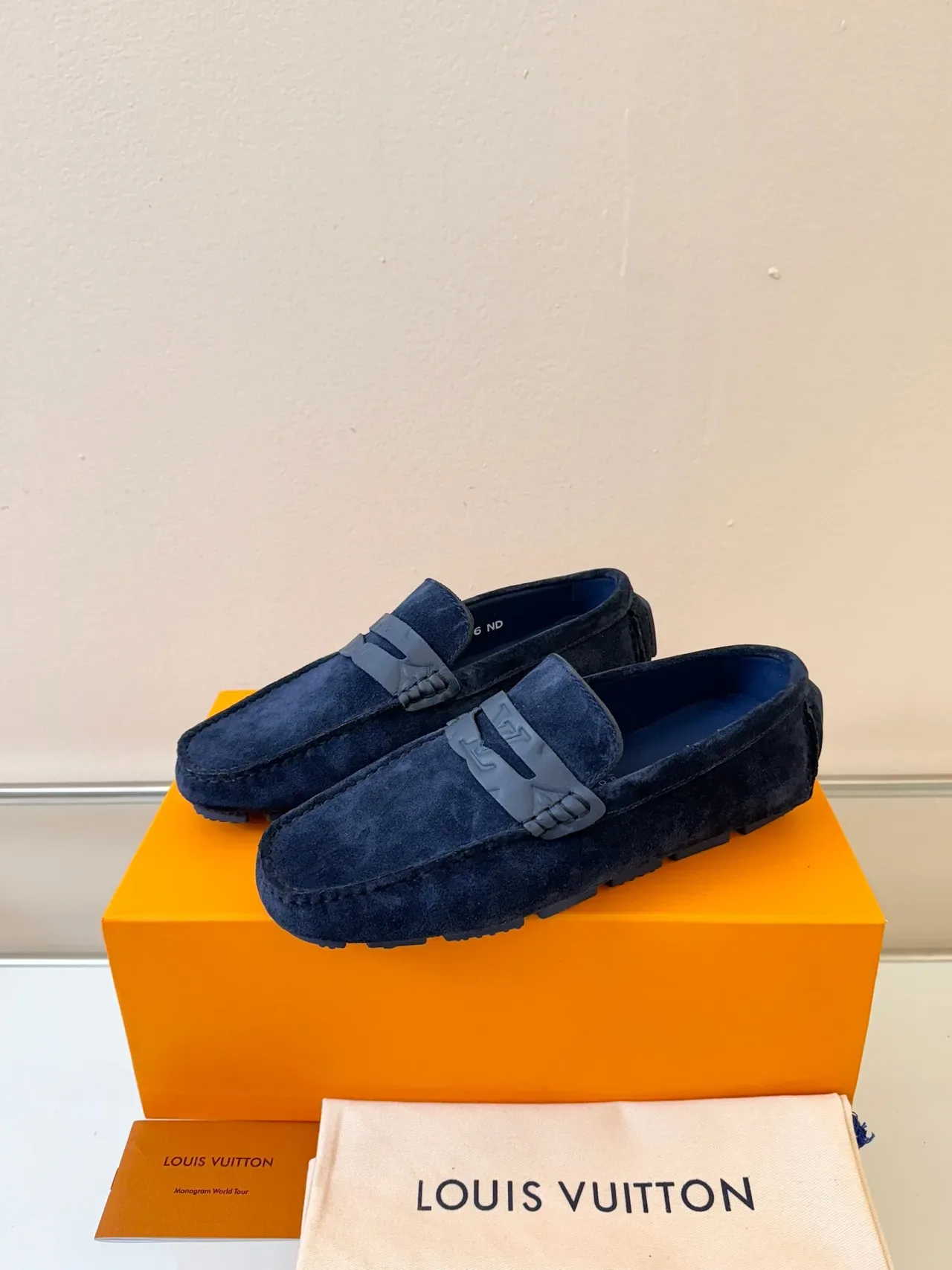 Louis Vuitton Navy Gray Suede Upper Metallic LV Strap Loafer 2