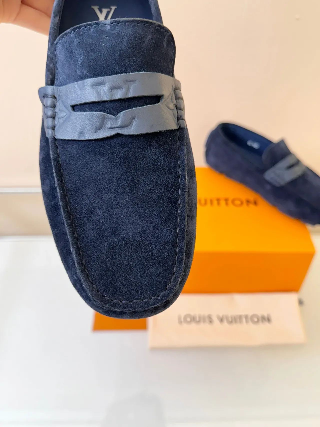 Louis Vuitton Navy Gray Suede Upper Metallic LV Strap Loafer 3