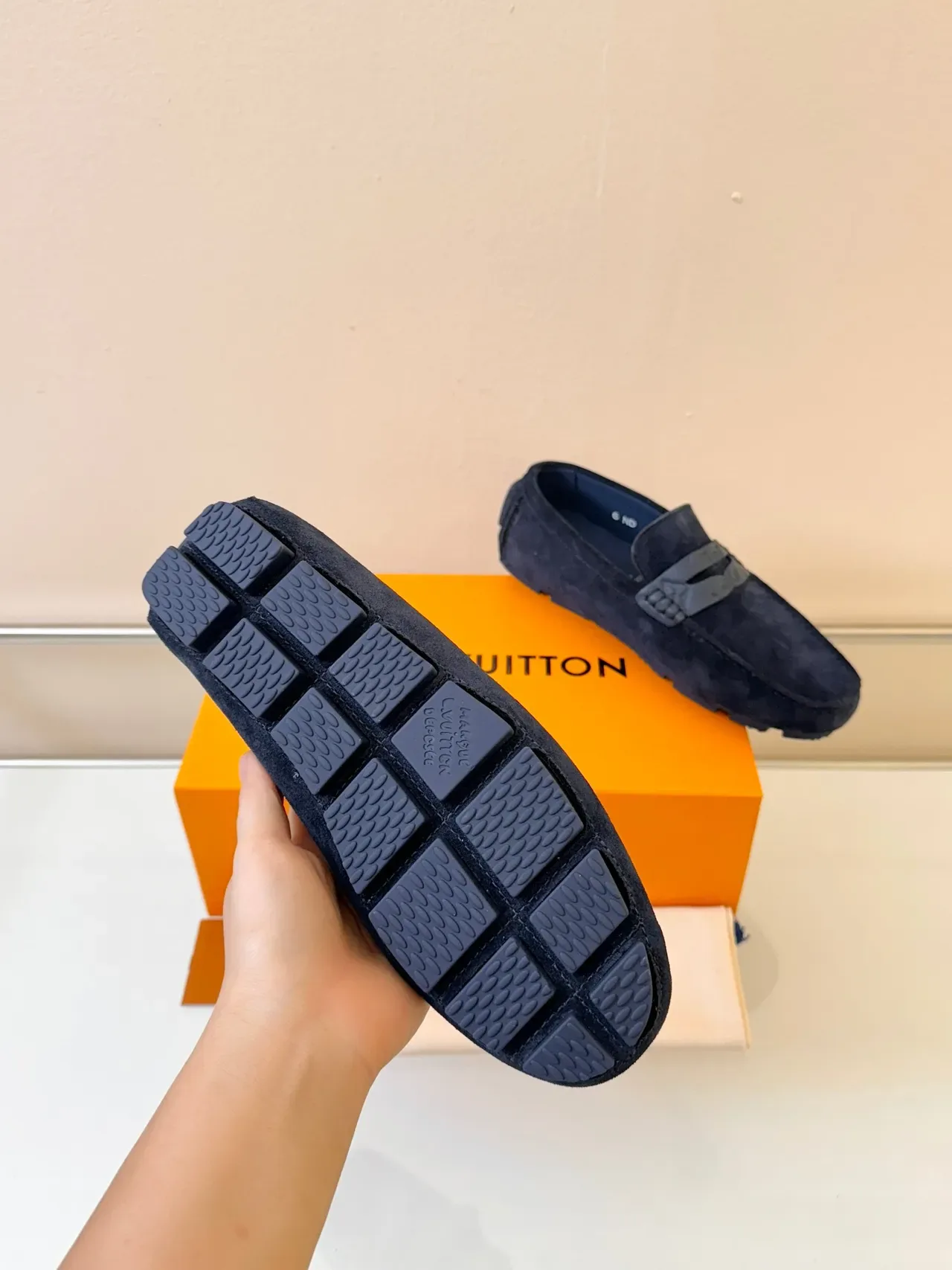 Louis Vuitton Navy Gray Suede Upper Metallic LV Strap Loafer 5