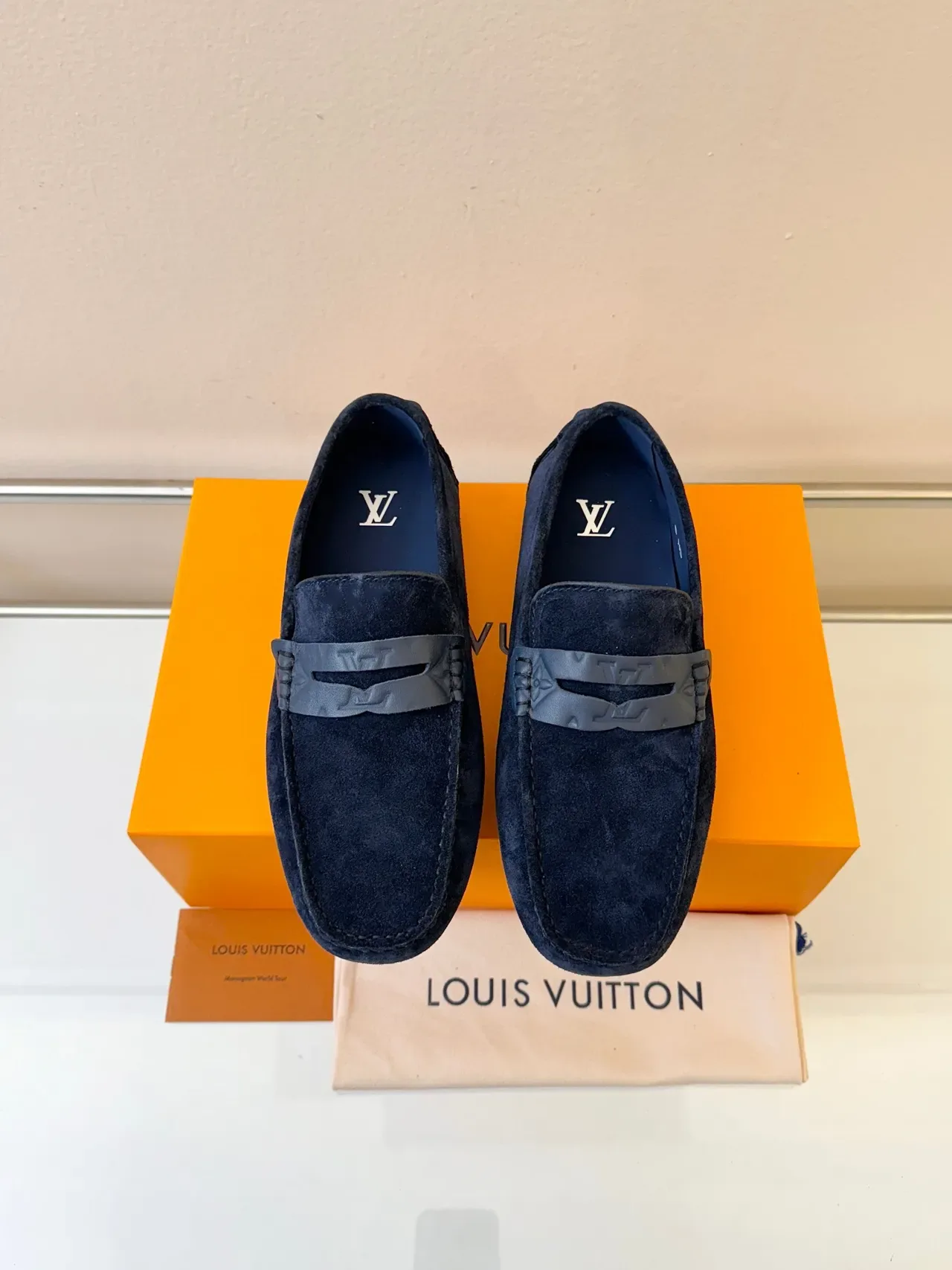 Louis Vuitton Navy Gray Suede Upper Metallic LV Strap Loafer 6