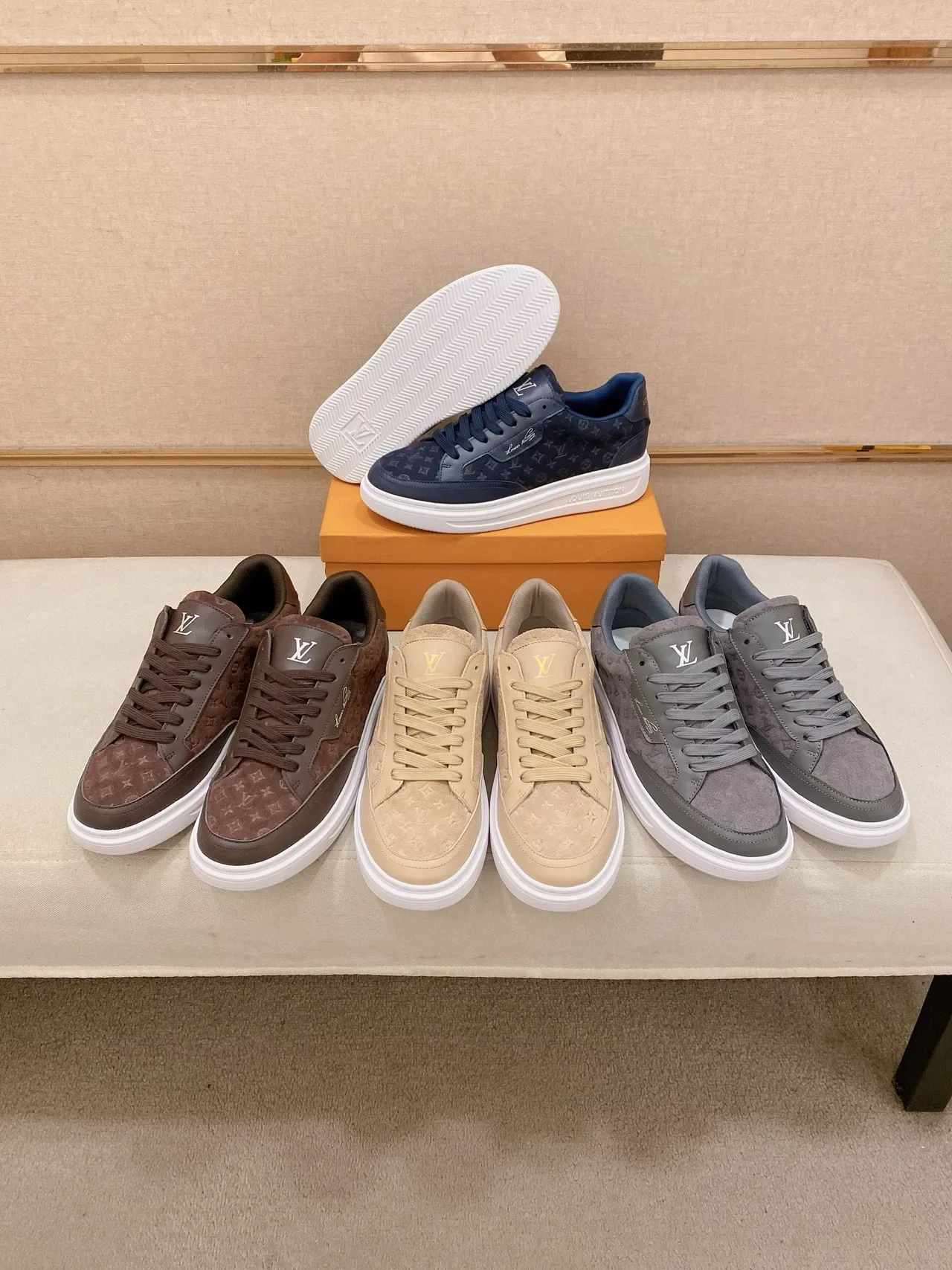 Louis Vuitton Navy White Monogrammed Canvas Upper Layered Leather Panels Lifestyle Sneakers 2