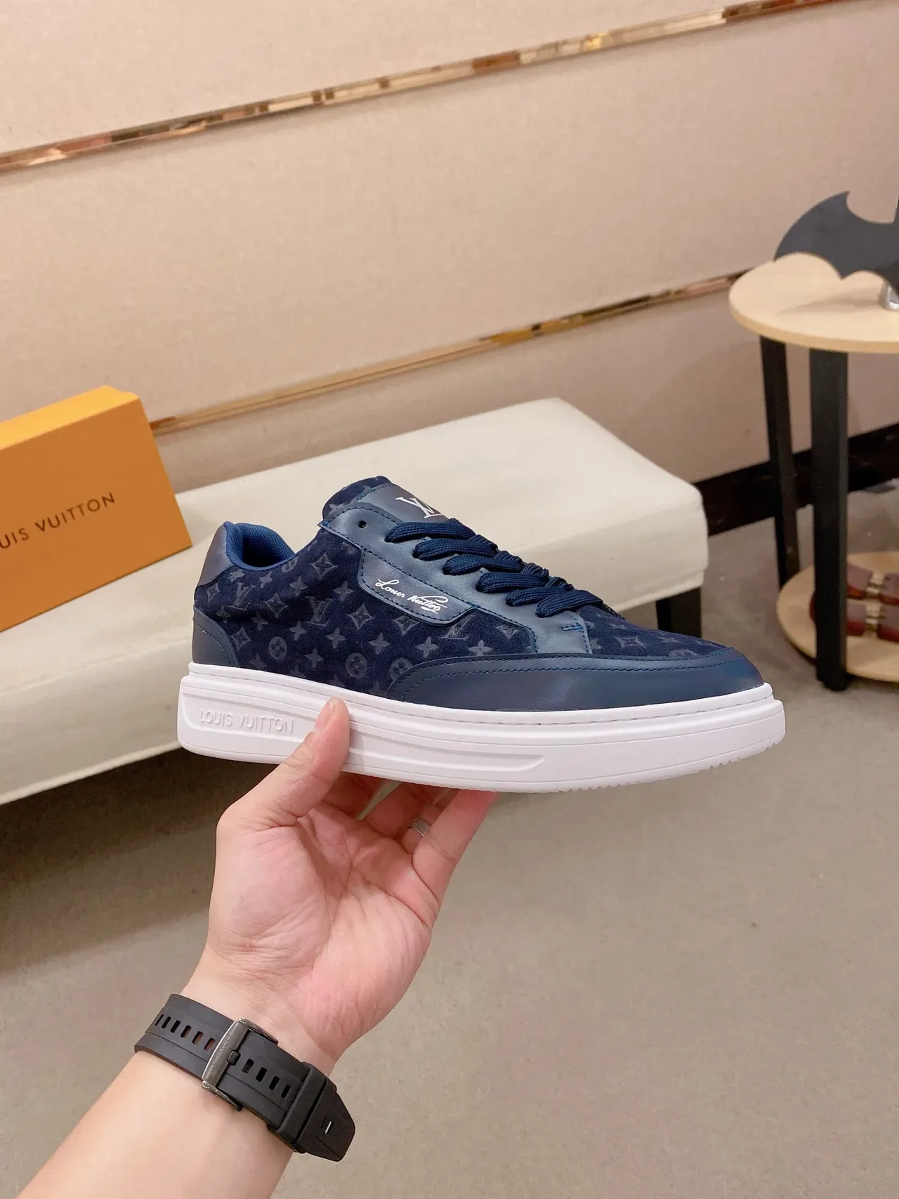 Louis Vuitton Navy White Monogrammed Canvas Upper Layered Leather Panels Lifestyle Sneakers 5