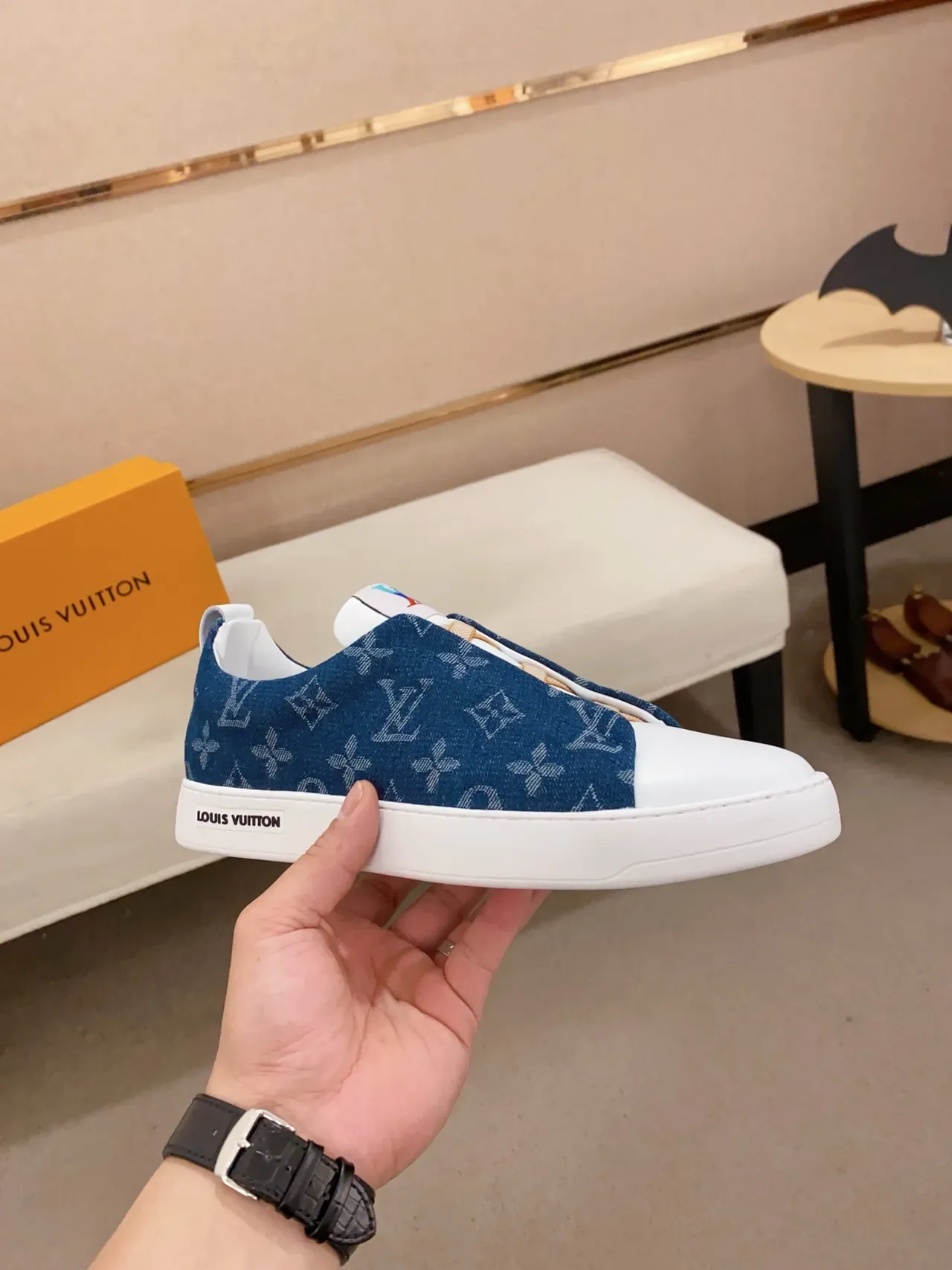 Louis Vuitton Navy White Slip-On Denim Upper Lifestyle Sneakers 4