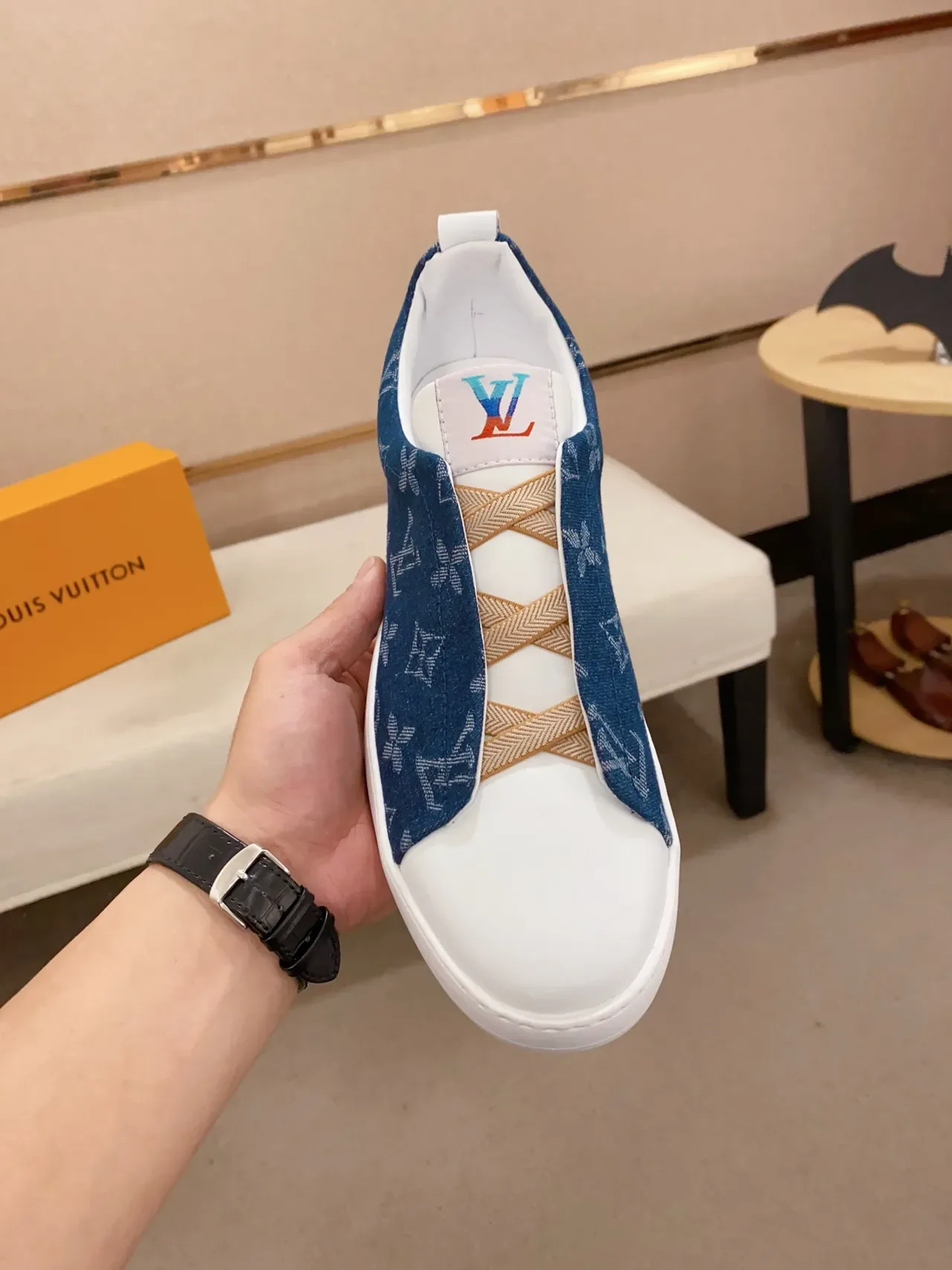 Louis Vuitton Navy White Slip-On Denim Upper Lifestyle Sneakers 5