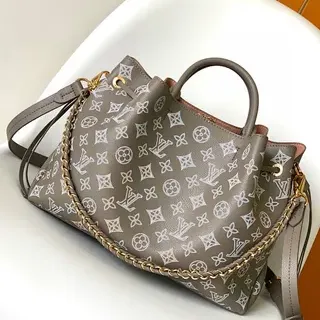 Louis Vuitton OnTheGo Gray White Monogram-Printed Leather Strap Bucket Bag