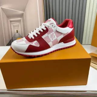 Louis Vuitton Zapatillas lifestyle de cuero rojo blanco bloqueado en color y monograma a cuadros en la parte superior de malla