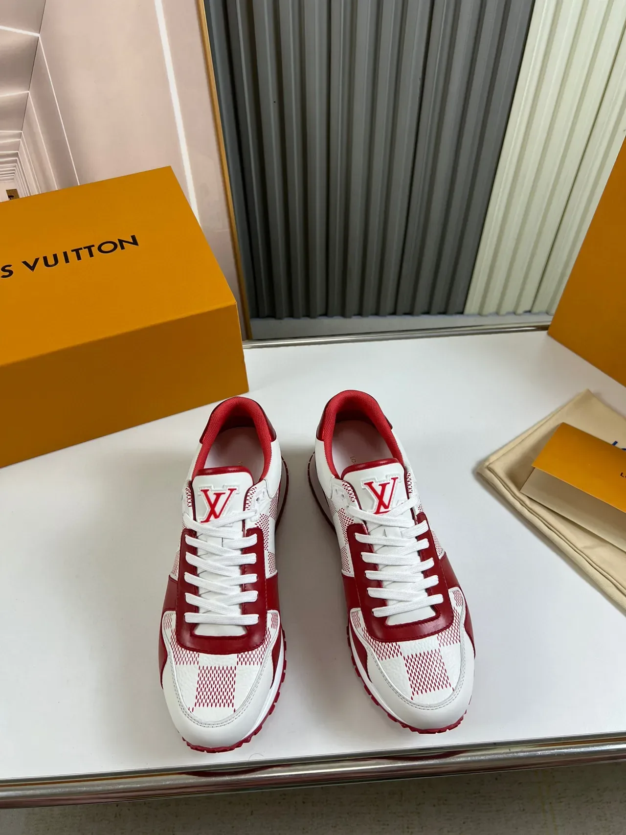 Louis Vuitton Red White Color-Blocked Leather And Checkered Monogram Mesh Upper Lifestyle Sneakers 8