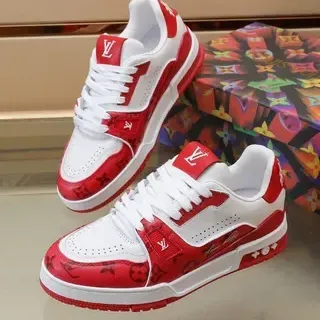 Louis Vuitton Zapatillas Lifestyle Rojo Blanco con Impresión Monograma de Cuero Puntera Perforada
