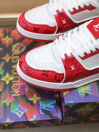 Louis Vuitton Red White Monogram-Print Leather Perforated Toe Cap Lifestyle Sneakers 2