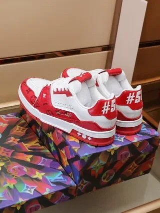 Louis Vuitton Red White Monogram-Print Leather Perforated Toe Cap Lifestyle Sneakers 5