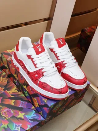 Louis Vuitton Red White Monogram-Print Leather Perforated Toe Cap Lifestyle Sneakers 6