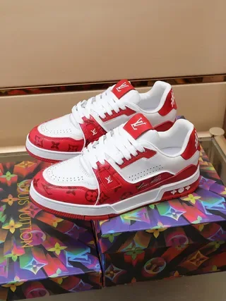 Louis Vuitton Red White Monogram-Print Leather Perforated Toe Cap Lifestyle Sneakers 7
