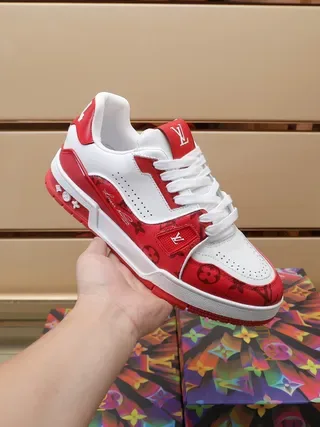 Louis Vuitton Red White Monogram-Print Leather Perforated Toe Cap Lifestyle Sneakers 9