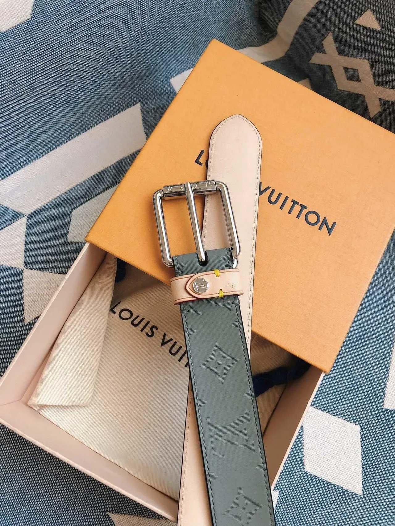 Louis Vuitton Reversible Monogram Jacquard Belt Green Beige Leather Belt 4