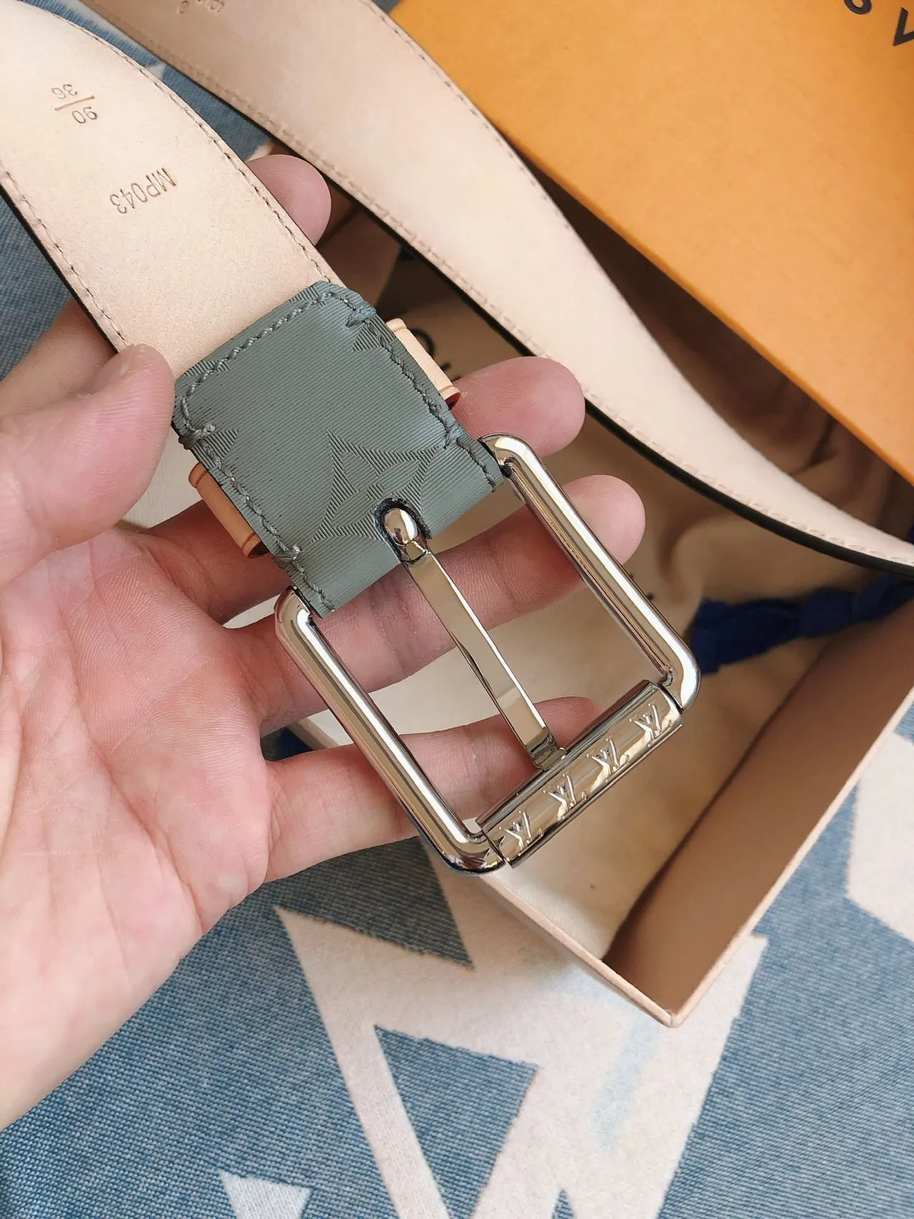 Louis Vuitton Reversible Monogram Jacquard Belt Green Beige Leather Belt 6