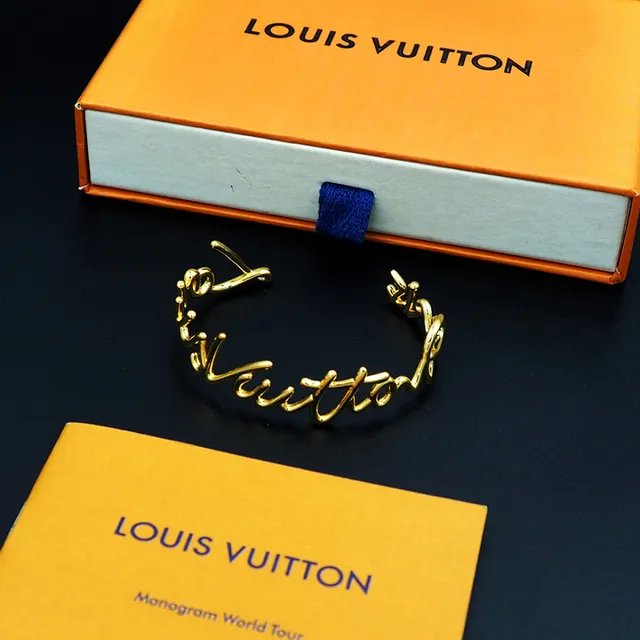 Louis Vuitton Signature Script Gold-Tone Open Bangle Bracelet 4