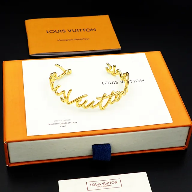 Louis Vuitton Signature Script Gold-Tone Open Bangle Bracelet 9