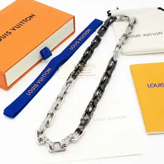Louis Vuitton Silver Black Chunky Link Chain Engraved Monogram Necklace