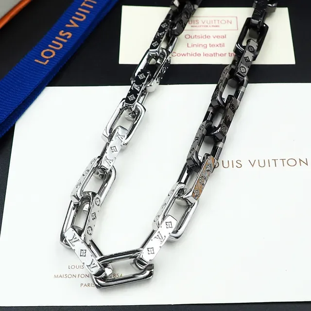 Louis Vuitton Silver Black Chunky Link Chain Engraved Monogram Necklace 4