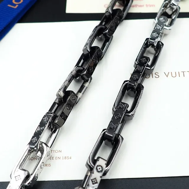Louis Vuitton Silver Black Chunky Link Chain Engraved Monogram Necklace 5